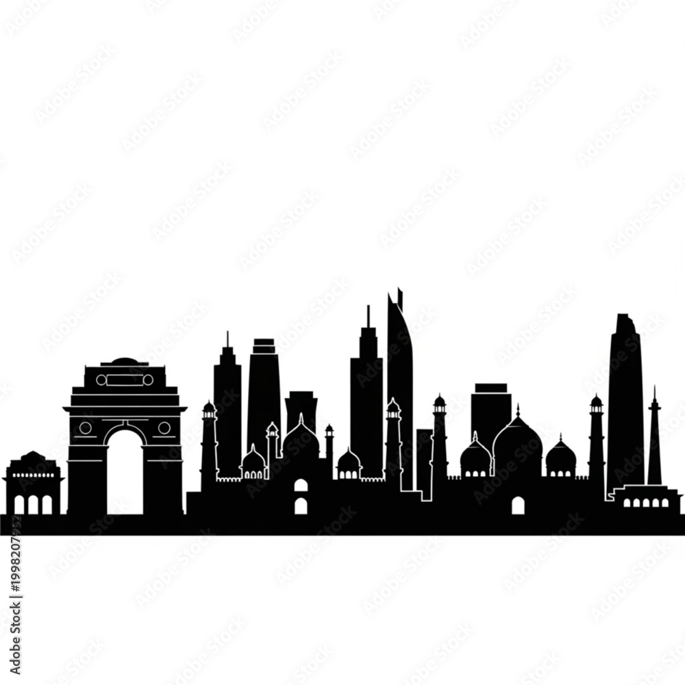 Obraz premium A black and white vector graphic illustration of the New Delhi city skyline, featuring iconic landmarks like the India Gate and modern skyscrapers in a minimalist flat design style.