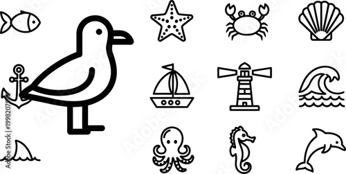 Collection of black and white line depicting marine life and nautical ocean fish