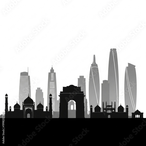 A black and gray vector graphic illustration of a city skyline with modern skyscrapers and historic buildings
