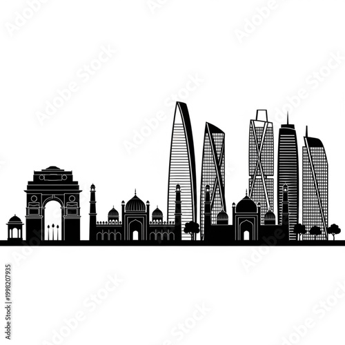 A black and white vector graphic illustration of the New Delhi skyline, featuring iconic landmarks and modern skyscrapers in a flat, minimalist design