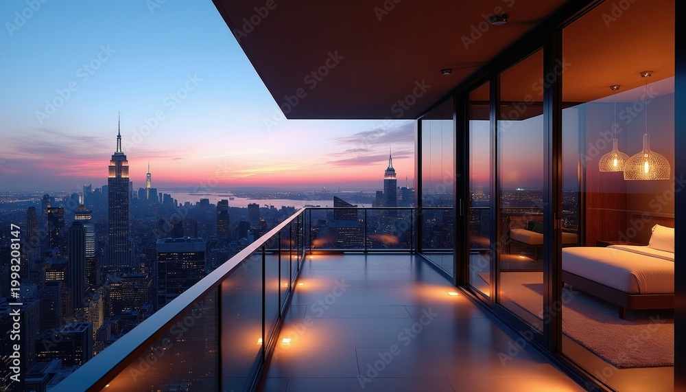 Fototapeta premium Luxury penthouse balcony at twilight overlooks Manhattan skyline. Modern apartment interior visible, city lights glow. Glass railing, ambient floor illumination, city view.