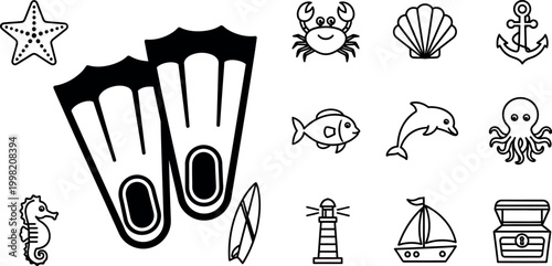 Collection of black and white line depicting marine life and nautical starfish flippers surfboard seahorse