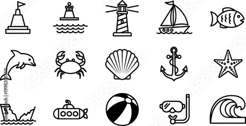 Collection of black and white line depicting nautical and beach themes