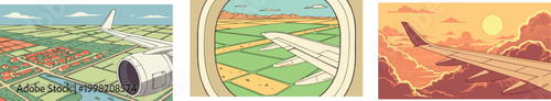Set of Vintage Aviation Illustrations Featuring Airport Runways, Airplane Window Views, and Retro Travel Landscapes