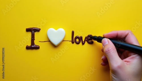 Hand writes I love with melted chocolate on yellow background. White heart shape replaces letter O. Sweet temptation, dessert concept. Food art creation, indulgent treat.