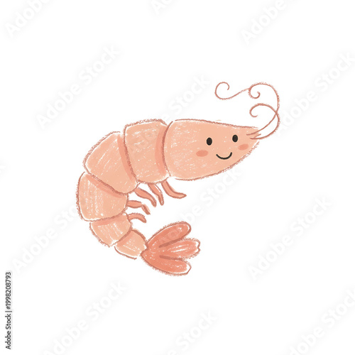 Hand drawn smiling pink shrimp character isolated on black background