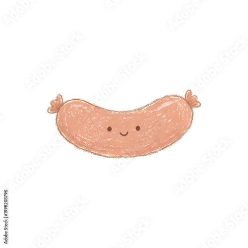 Hand drawn cartoon sausage character with happy face on black background