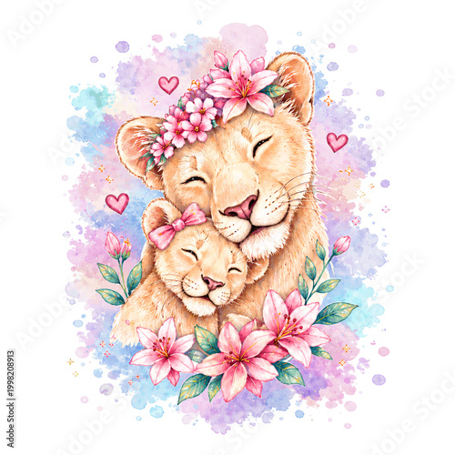 Mother day watercolor illustration of lion mother and baby with floral elements sweet maternal love composition in pastel colors for greeting card