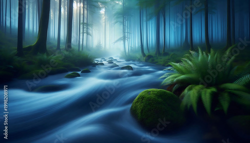 Long exposure nature photograph of a forest stream at twilight, captured wallpaper background