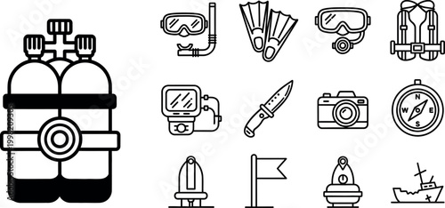 Collection of black and white line for diving and nautical exploration scuba snorkel mask fins