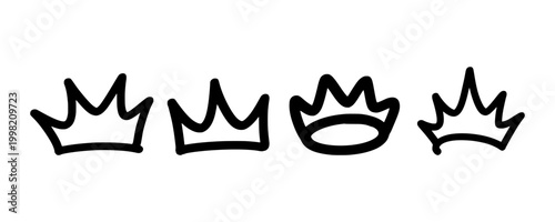 A professional collection of four king crown icons featuring various solid colors and clean hand style graffiti tag outlines. Perfect for creating a consistent royal theme in urban projects.