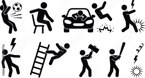 Accidents and injuries stick figure pictogram set illustrating common workplace hazards and dangers. Flat vector icon collection for safety training, warning signs, and risk prevention education.