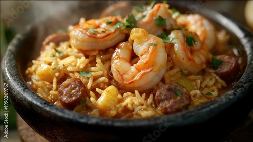 Shrimp and rice dish with bold flavors, popular in Southern cuisine.