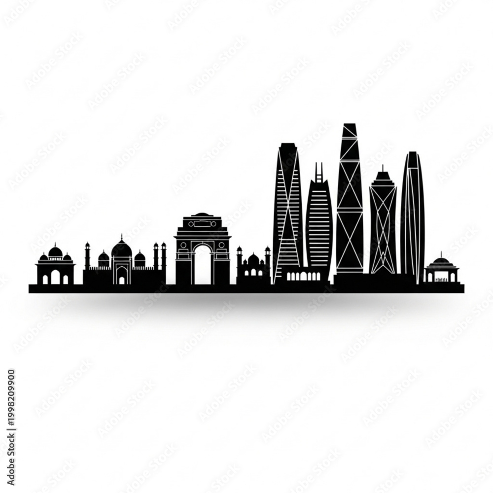 Fototapeta premium A black and white vector graphic illustration of a city skyline with modern skyscrapers and historical buildings