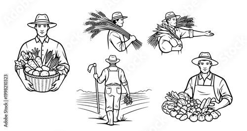 Collection of illustrations depicting farmers engaged in agricultural activities, showcasing harvest and rural labor