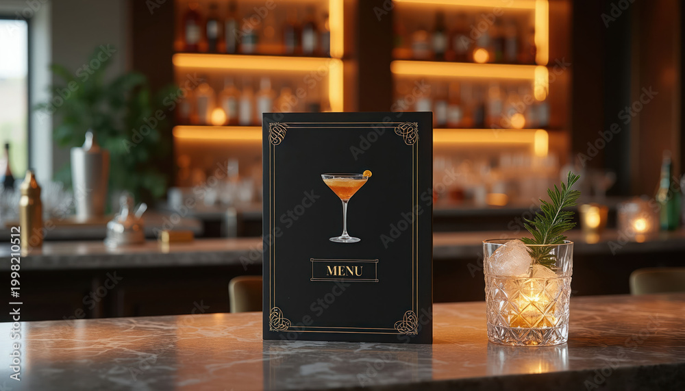Naklejka premium Black menu stand with cocktail glass on marble bar counter. Elegant bar interior with illuminated shelves filled with bottles and glassware. Ideal for restaurant or cafe promotion.