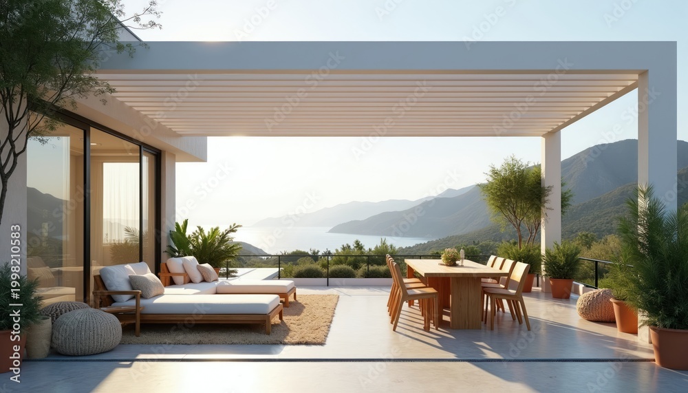 Fototapeta premium Modern open terrace with minimal furniture and sea view. Outdoor lounge chairs, dining table, mountain landscape background. Peaceful sunny day for relaxation and lifestyle.