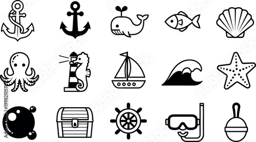 Collection of black and white nautical and sea life on white background, anchor ship's wheel sailboat