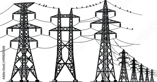 Hand-drawn electricity transmission towers and power lines with perched birds vector illustration