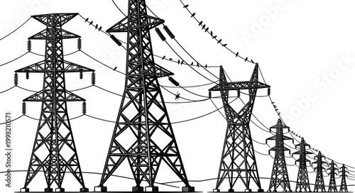 High voltage electric power transmission towers with birds sitting on power lines black and white vector