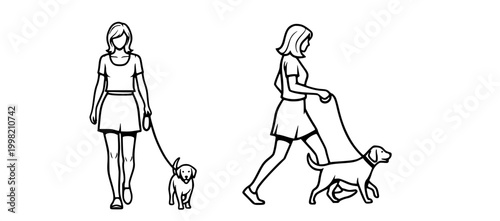 Illustrative depictions of women enjoying leisurely strolls with their beloved canine companions, symbolizing responsible pet ownership and the simple joy of dog walking