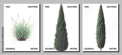 garden cypress cedar evergreen hedge set halftone vector pop bundle art isolated dotted collection shrub bush
