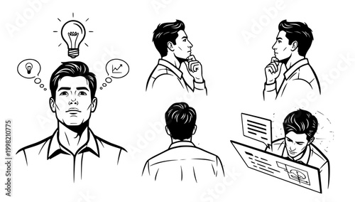 Conceptual illustration set of a thoughtful man engaged in problem-solving, generating innovative ideas, and analyzing data for strategic business decision-making