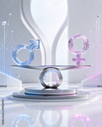 Conceptual image about gender equality in the modern workplace with balanced male and female symbols on a sleek scale. AI generative