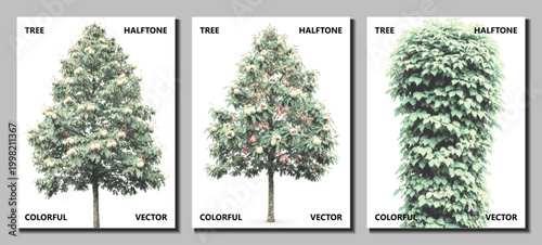 sycamore maple tree set halftone vector pop art timber wood isolated forest dotted bundle collection leaf green