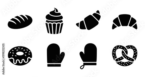 8 Bakery icons bread cupcake croissant donut pretzel oven mitts, outline solid styles, UI and web interface design