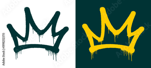 Vibrant gold and yellow crown icon rendered with messy spray paint drips and splatters. This urban street art piece represents wealth and power with an authentic dripping tag effect.