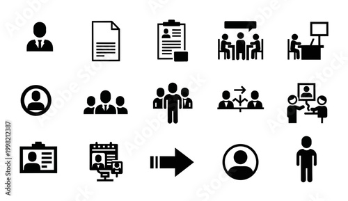 15 Human Resources icons featuring recruitment, office meeting, resume and profile, outline solid styles, UI and web interface design