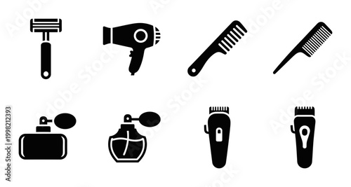 8 Barber Shop icons featuring razor, hair dryer, comb, perfume and trimmer, outline solid styles, UI and web interface design