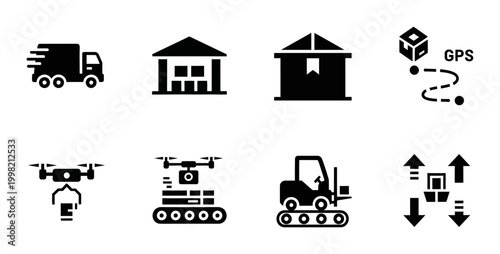 8 Logistics icons delivery truck warehouse drone forklift and GPS, outline solid styles, UI and web interface design