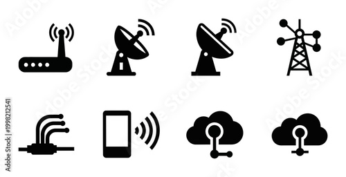 8 Network icons router satellite dish tower cloud mobile, outline solid styles, UI and web interface design