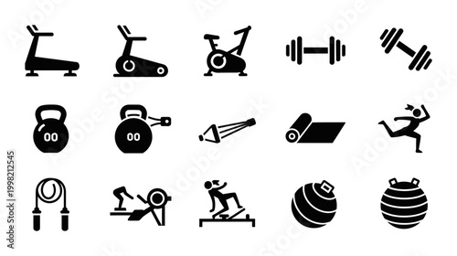 15 Fitness icons treadmill dumbbell kettlebell, outline solid styles, UI and web interface design