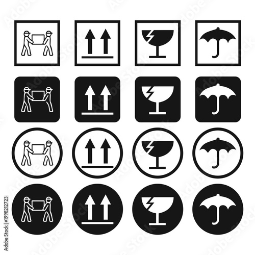 International Shipping and Handling Instruction Symbol Set for Fragile Goods, Upright Positioning and Weather Protection in Logistics Packaging