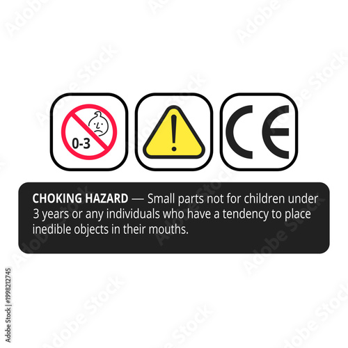 Choking Hazard and CE Compliance Warning Strip Label for Consumer Product Packaging Protecting Children Under Three from Small Parts Risk