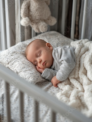 Sleeping Baby in Crib with Soft Blanket and Toy