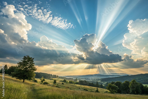 Sun rays shining through clouds over serene landscape with trees