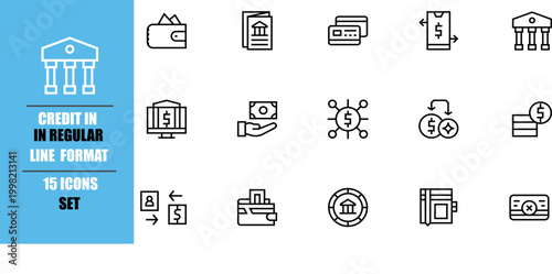 Credit and Finance Line Icons Set with Banking Wallet Payment Transaction and Money Symbols in Clean Minimal Outline Style for Web App UI and Infographic Vector Illustration