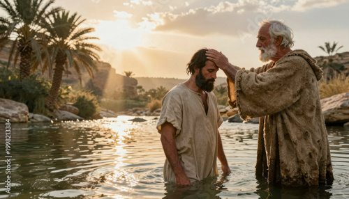Baptism scene by the river at sunset.. Baptism of Jesus in the Jordan River