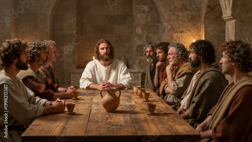 Jesus and disciples gathered around a table.. Jesus of Nazareth, Bible scenes
