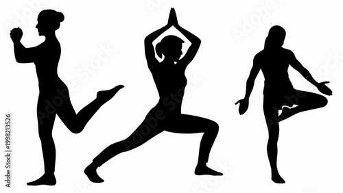 Black silhouettes of people running doing yoga and dancing on white background