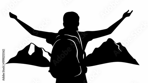 Person with backpack standing triumphantly with arms outstretched facing mountains