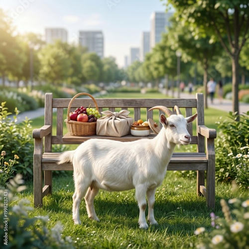 Goat stands near a bench with fruits and snacks in a park setting