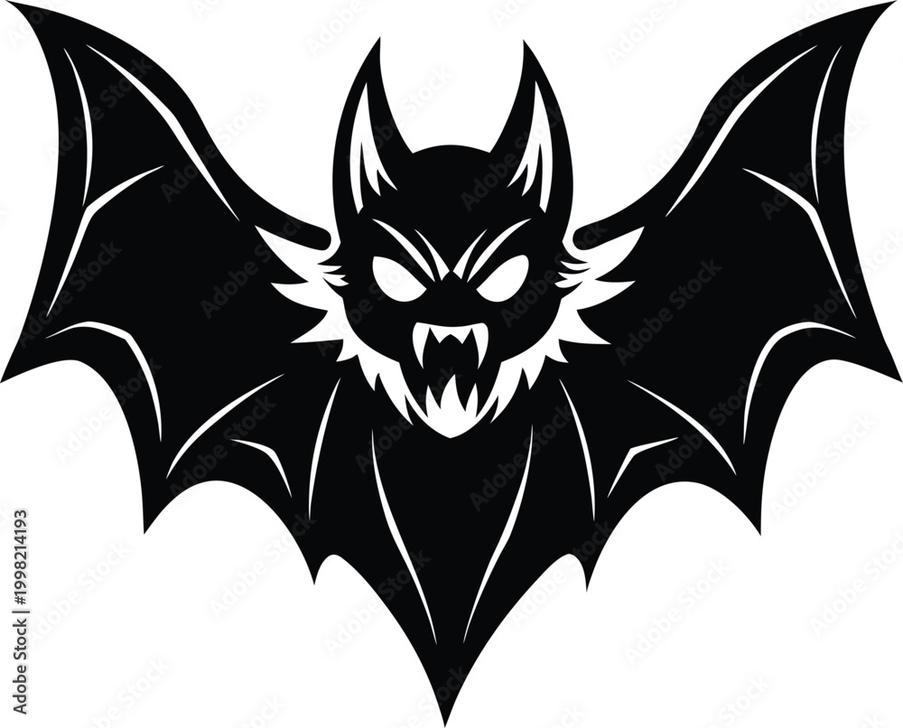 Fototapeta premium Black bat silhouette with spread wings and fangs isolated on white background high quality professional detailed