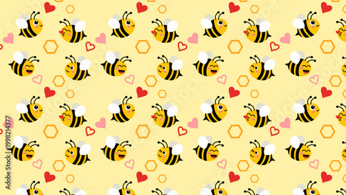 Cute honey bee seamless pattern with hearts and honeycombs on yellow background