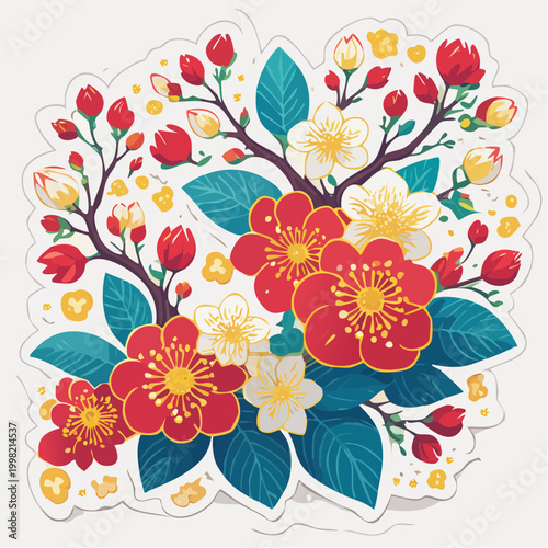 Stylized Floral Illustration with Red and White Blossoms