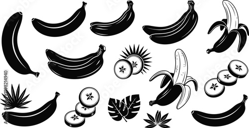 Banana and Tropical Fruit Icons Set with Whole Bananas, Sliced Bananas, Banana Plant, and Tropical Leaves for Fruit and Healthy Eating Designs